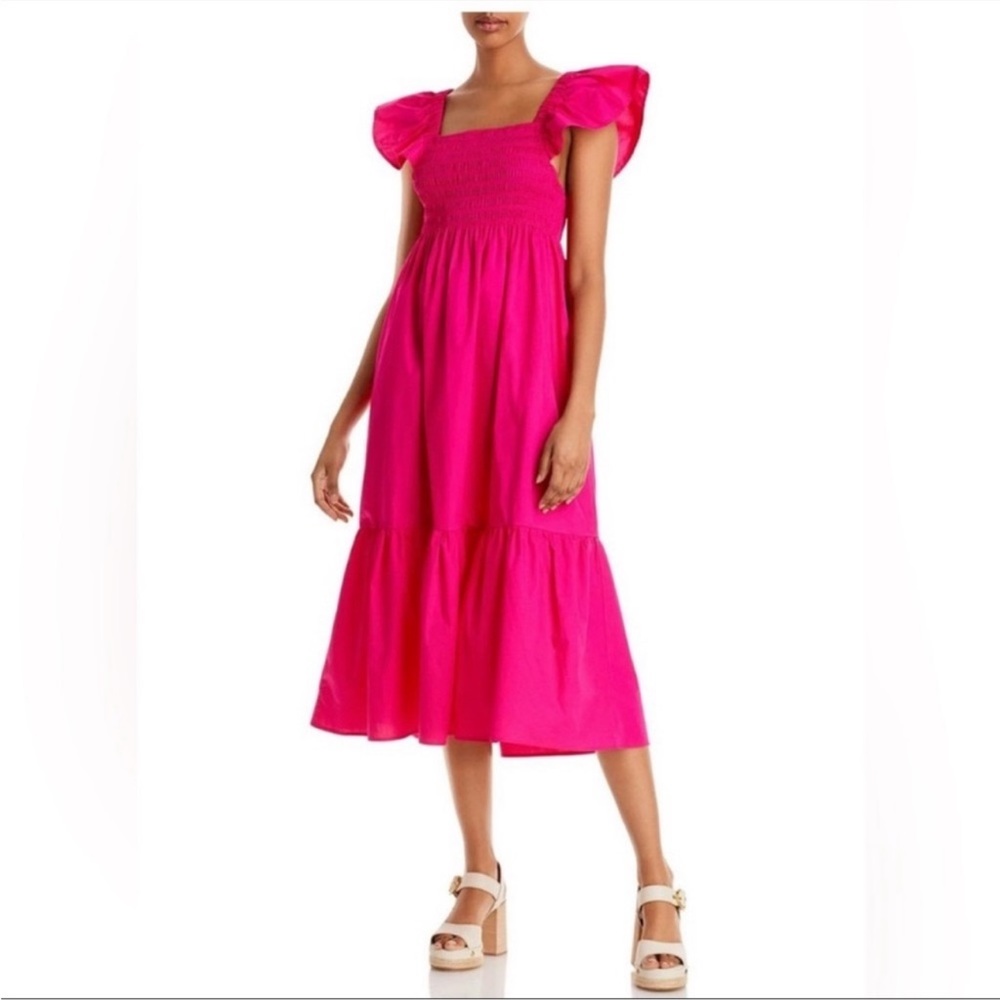 Jason Wu Hot Pink Smocked Square Neck Eyelet Tiered Maxi/Midi Dress XS NWT